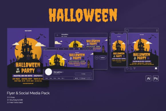Stunning Halloween Party Flyer & Social Media Set